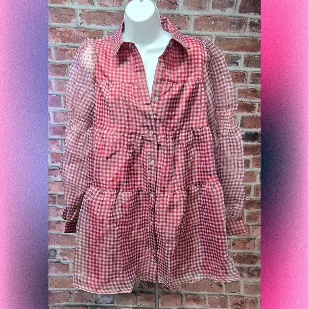 Listicle Gingham Tiered Tunic Top – Women’s Size Medium Red White Button Down